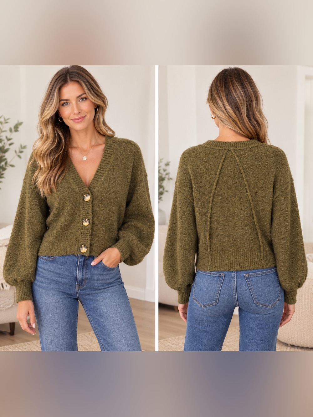 Topshop Olive Green V-Neck Button Cardigan Drop Shoulder Rib Bellowed Sleeve 4